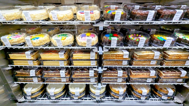Display of Costco prepared cakes on shelves