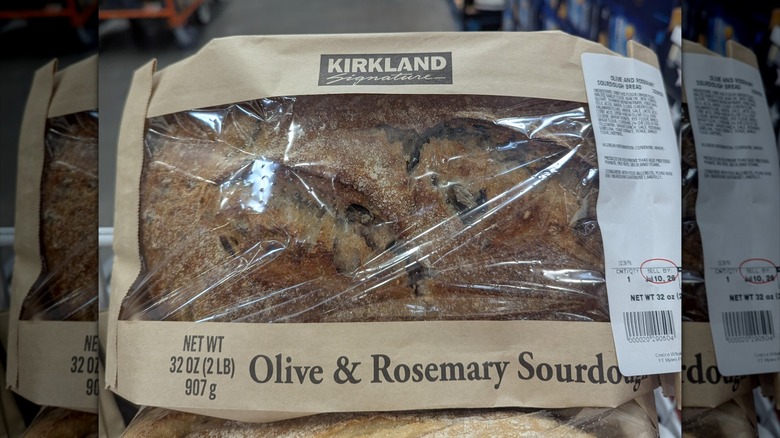 A loaf of the Kirkland Signature Olive and Rosemary Sourdough Bread from Costco