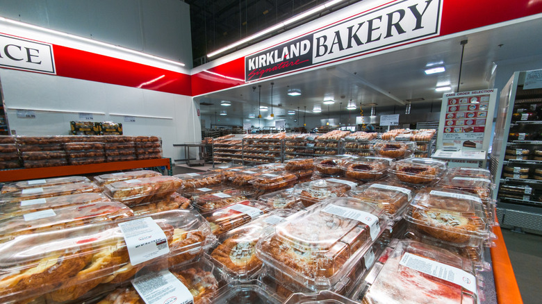 The Costco bakery with various products stacked on top of each other.