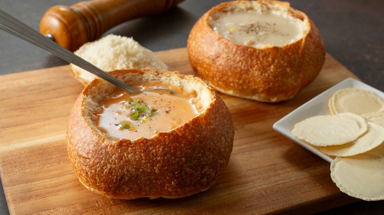 Sourdough bread bowls on wood board