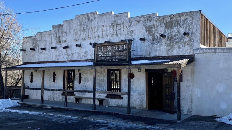 The Buckhorn Saloon, an adobe bar in New Mexico, seen from outside in winter