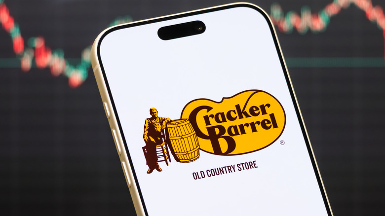 A closeup of a phone with the Cracker Barrel logo on it with a stock market chart in the background.