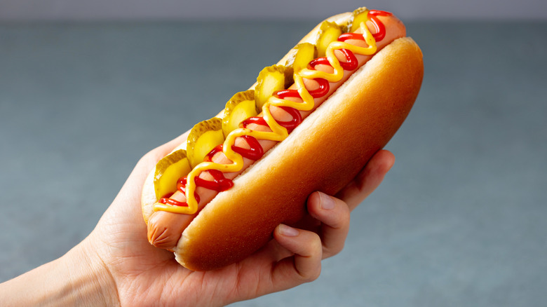 Hand holding a hot dog in a bun topped with mustard, ketchup, and pickles