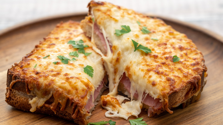 Croque monsieur sandwich cut in half