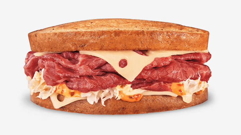 Culver's corned beef Reuben on gray background