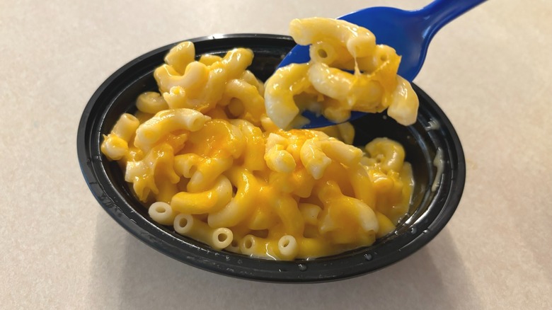 Culver's cheese and mac in black dish dipped with blue spoon