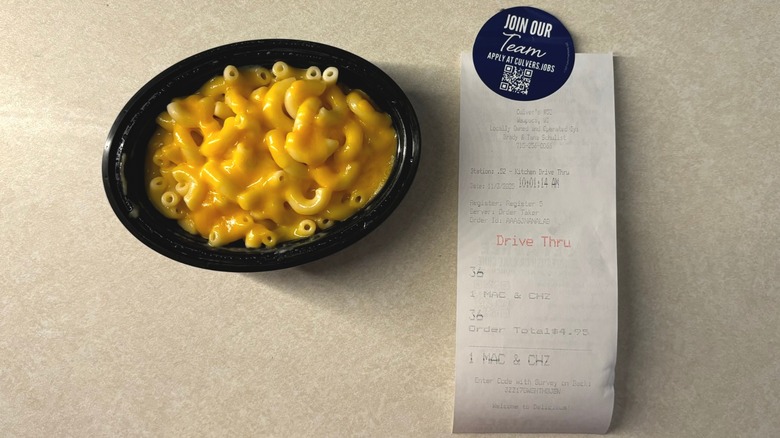 Culver's cheese and mac with receipt on counter