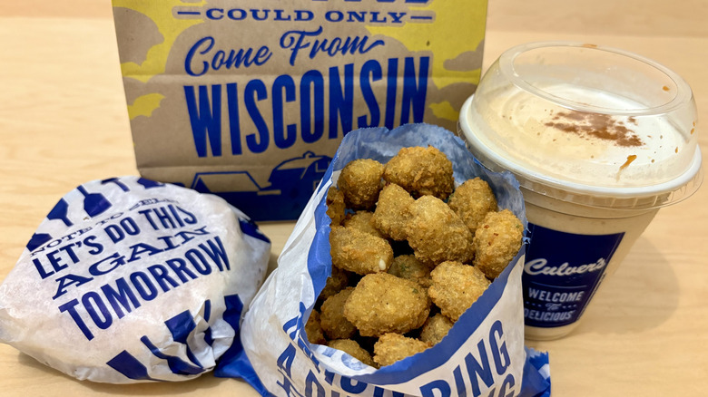 Culver's jalapeno cheese curds, with a wrapped ButterBurger, and pumpkin spice shake