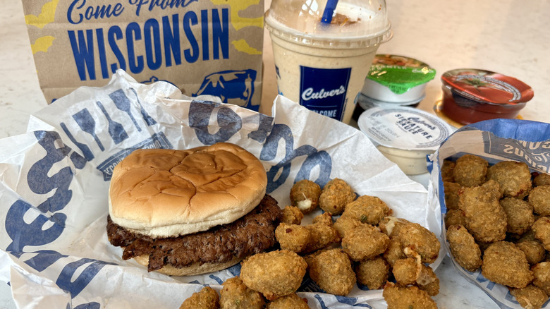 Culver's jalapeno cheese curds, along with ButterBurger, milkshake and dipping sauces