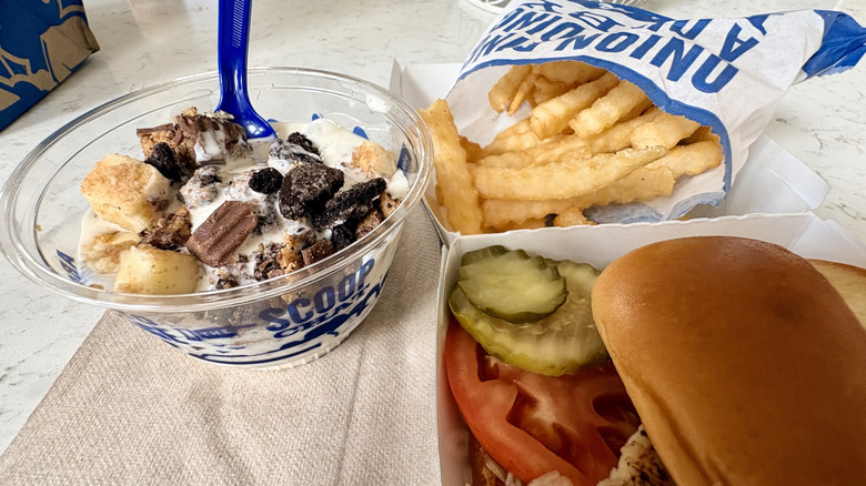 A one-scoop dish of Oreo Reese's Cheesecake custard with a Culver's meal