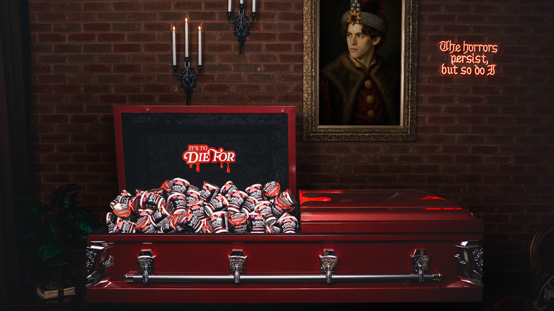 Many Cup Noodles Hot Garlic Chicken Vampire Noodles cups in a red Titan Casket