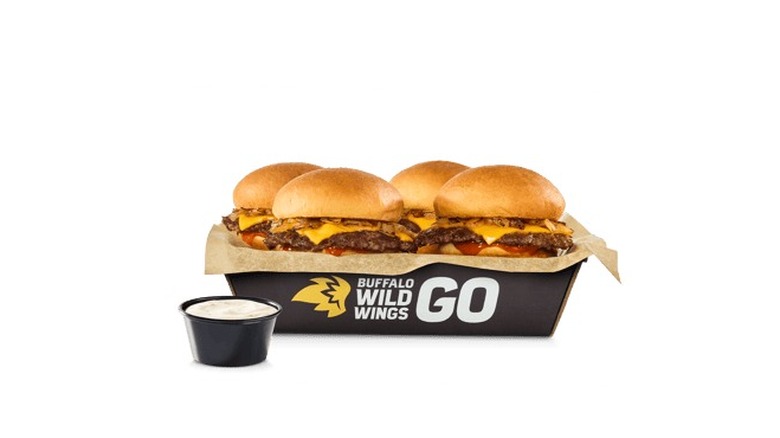 A product image of Buffalo Wild Wings King's Hawaiian cheeseburger slider.