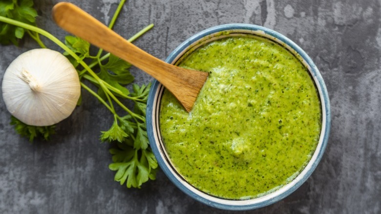 Bowl of fresh green herb sauce