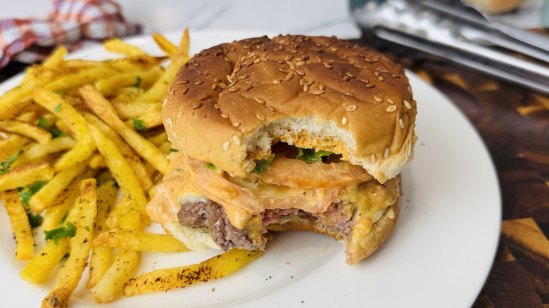 Homemade burger and fries with deluxe sauce