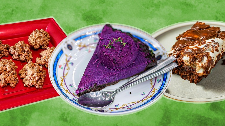 Various ugly desserts featuring purple sweet potato cheesecake and mississippi mud cake and Brutti ma Buoni cookies