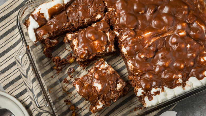 Close up of Mississippi Mud Cake cut into bars