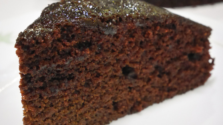Close up of a slice of chocolate sad cake
