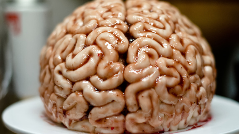 Close up of a cake that resembles a brain