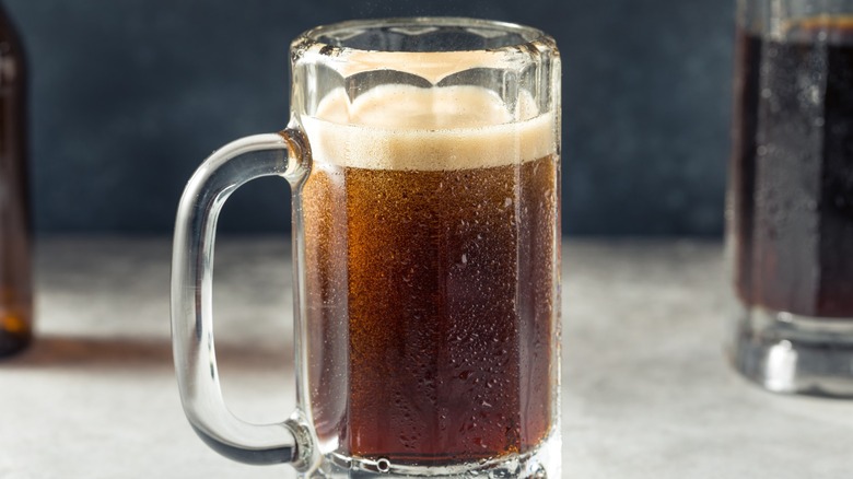 Root beer in a large glass mug.