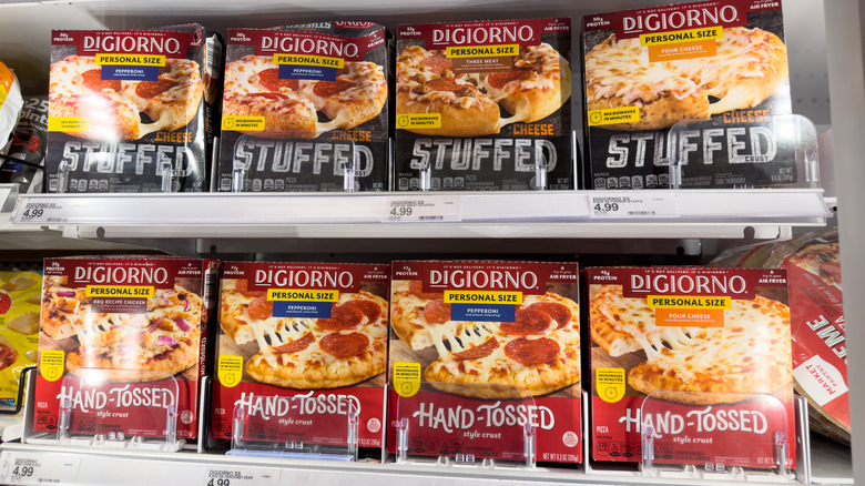 Various DiGiorno pizzas in frozen display at Target.