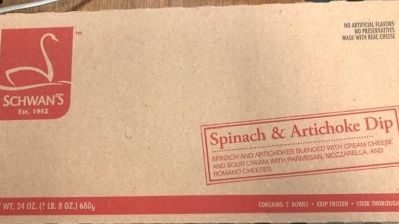 Cardboard box of Schwan's Spinach and Artichoke Dip
