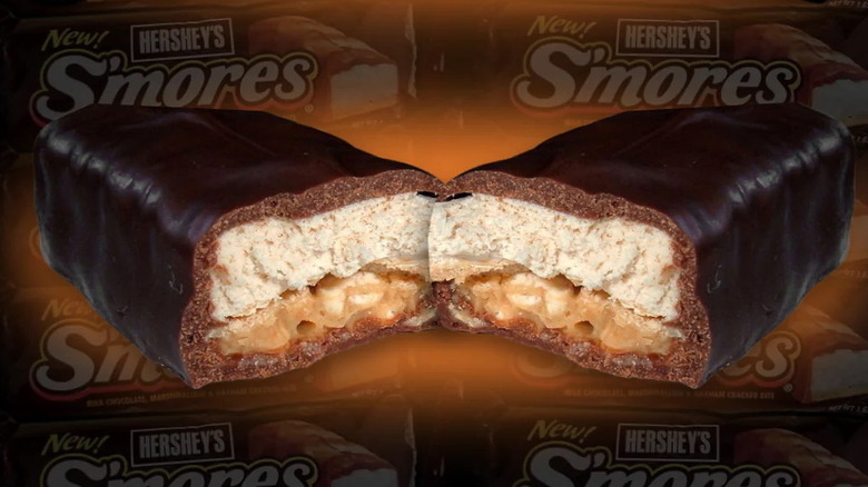 Closeup of the graham cracker and marshmallow layers inside a halved Hershey's S'Mores bar