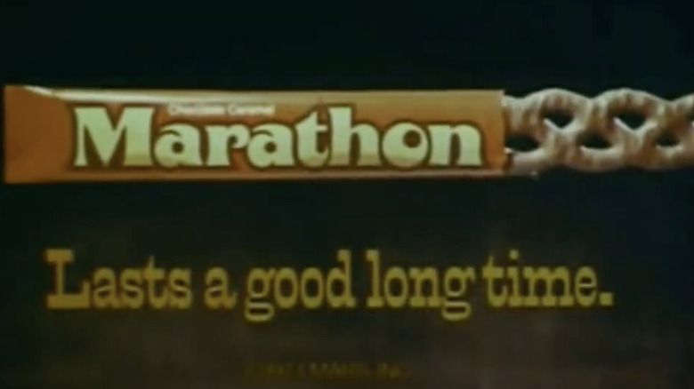 1970s Marathon add featuring long braided chocolate bar in orange wrapper