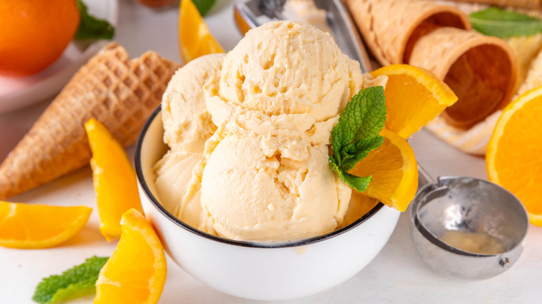 A bowl of Orange Creamsicle flavored ice cream