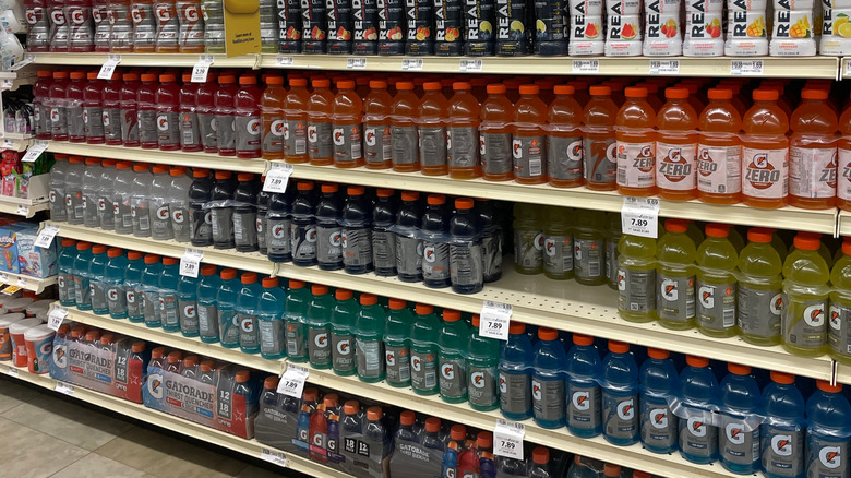Different flavors of Gatorade on store shelf