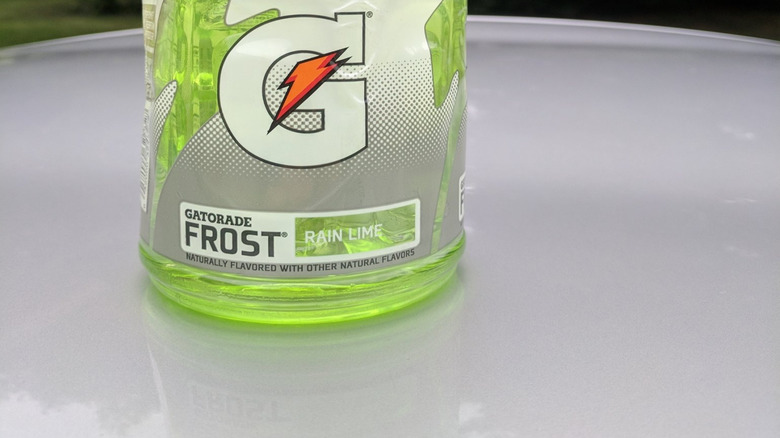 Photo of a bottle of Gatorade Frost Rain Lime, sitting on a table.