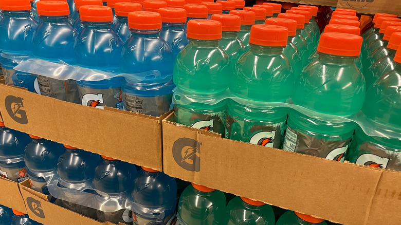 Stock photo of bottles of Gatorade in cardboard cartons