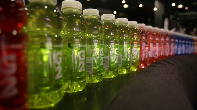 Stock photo of a line of G2 Gatorade bottles.