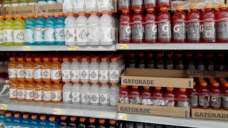 Various Gatorade flavors on a store shelf