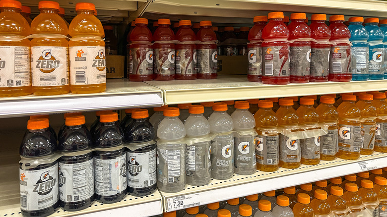 Stock photo of Gatorade bottles on a store shelf