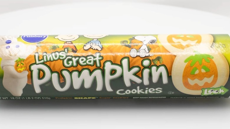 A can of Pillsbury Linus' Great Pumpkin Cookies on a white surface.