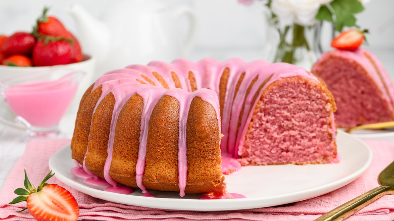 Pink Bundt cake with pink icing