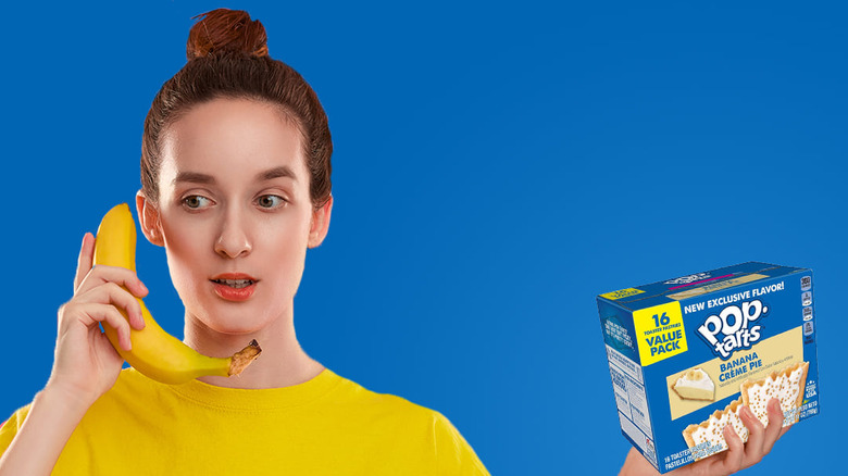 Woman holding a banana and a box of Banana Crème Pie Pop-Tarts