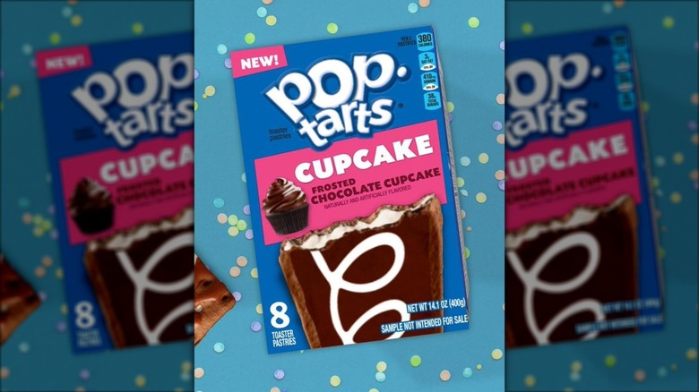 Box of Chocolate Frosted Cupcake Pop-Tarts in front of confetti