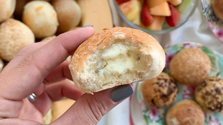 Close up of inside of Bantam bagel ball with cream cheese showing