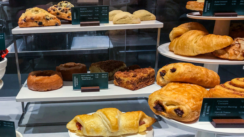 A picture of the bakery case selection at Starbucks.