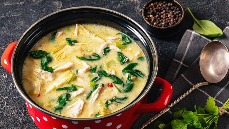 Red polkadot pot with creamy chicken soup by ladle, herbs, and peppercorn