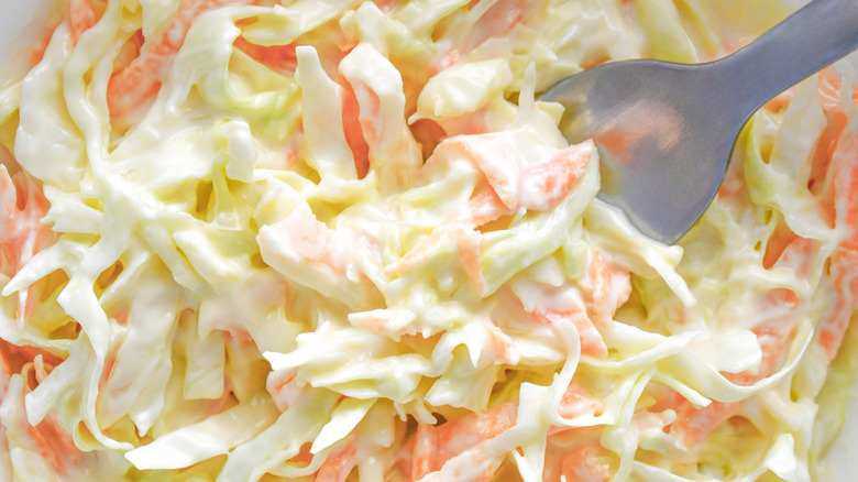 A close-up of mayo-heavy coleslaw