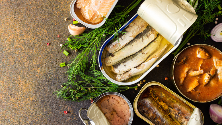 Top view of assorted opened cans of tinned fish