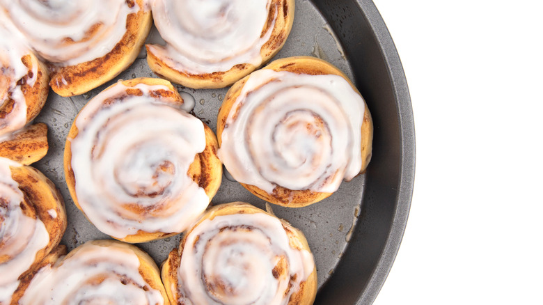 Top view of baked and iced canned cinnamon rolls