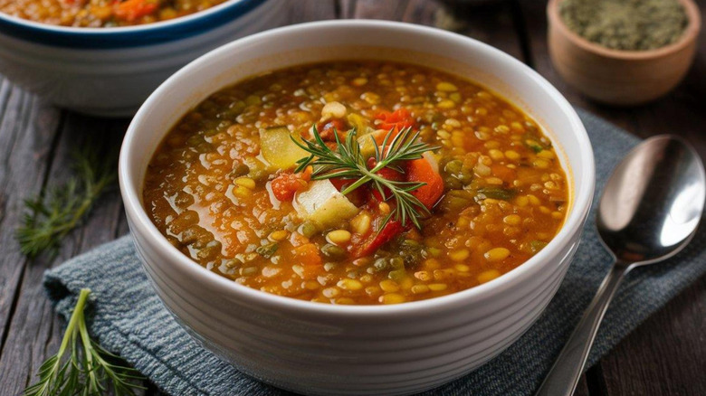 Bowl of soup with garnish