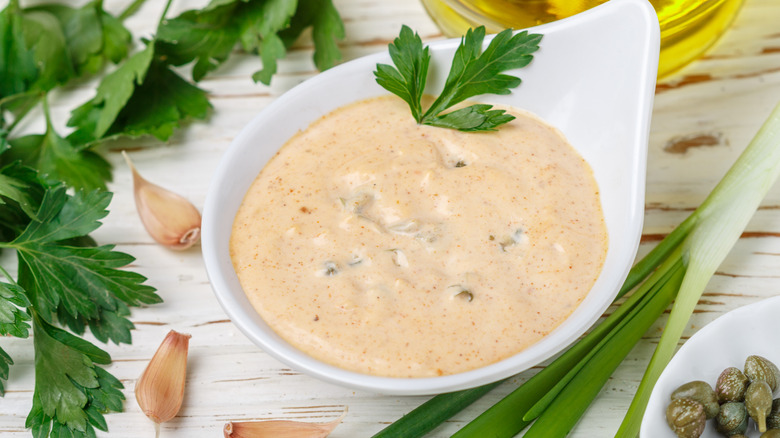 French-style remoulade sauce next to garlic, parsley, onion, capers