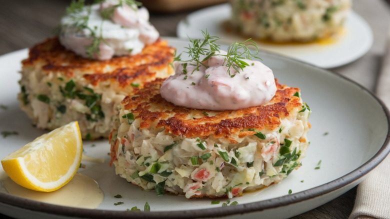 Close-up of two crab cakes with tartar sauce and lemon wedge
