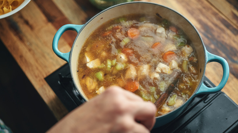 Stirring vegetable soup on a stovetop