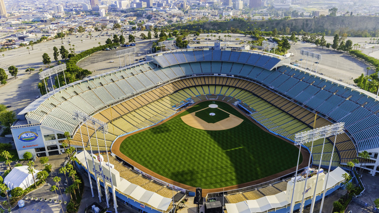 An overhead view of Dodger Stadium in Los Angeles, California on a sunny day