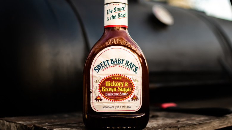 A bottle of Sweet Baby Ray's BBQ Sauce